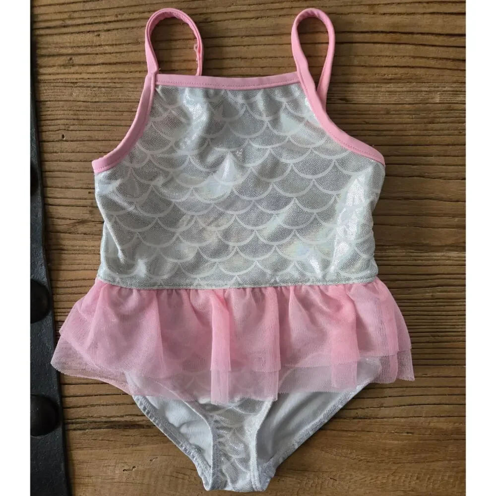 Carter's Pink and Silver Mermaid Print Tulle One Piece Swimsuit sz 3T